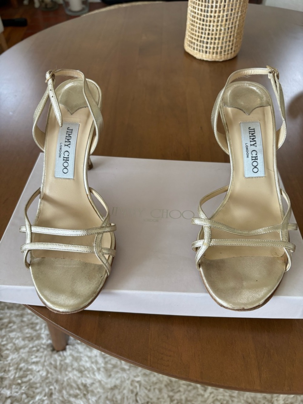 Jimmy Choo Metallic Gold Strappy Slingback Heels - Picture 2 of 5